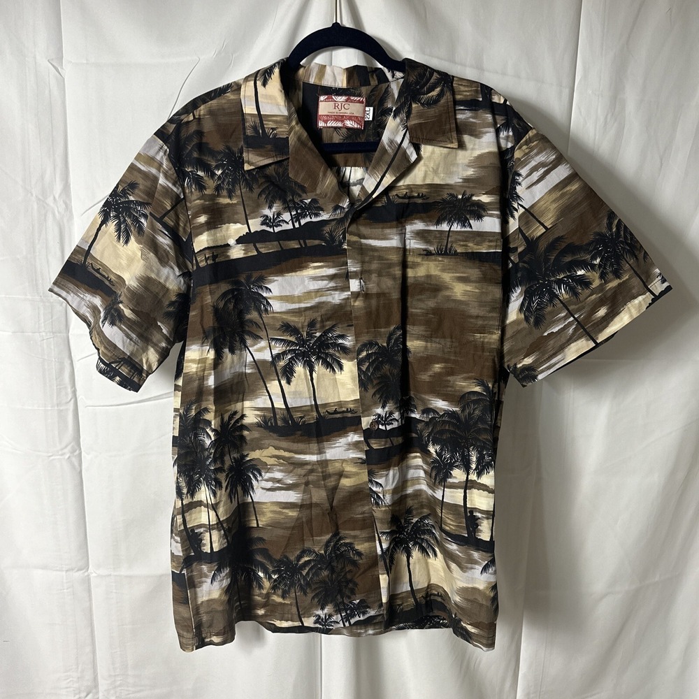 RJC Mens 2XL Hawaiian Shirt Tropical Sunset Beach Palms Made In Hawaii Cotton
